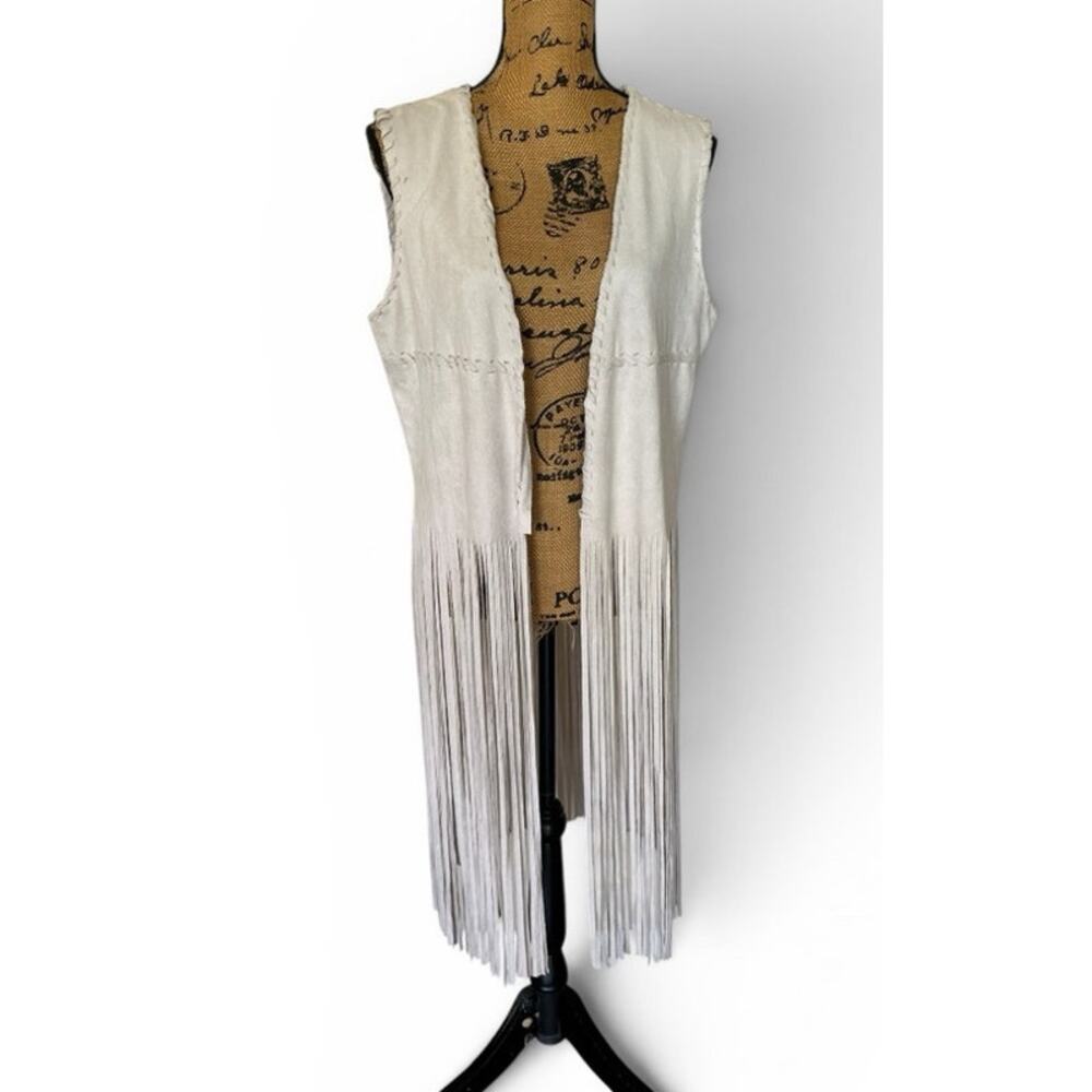Fornia Beige Faux Suede Open Front Long Fringe Western Vest Women’s M